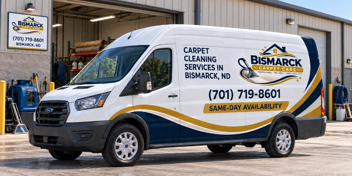 Bismarck Carpet Care service van outside a carpet cleaning workspace in Bismarck, ND