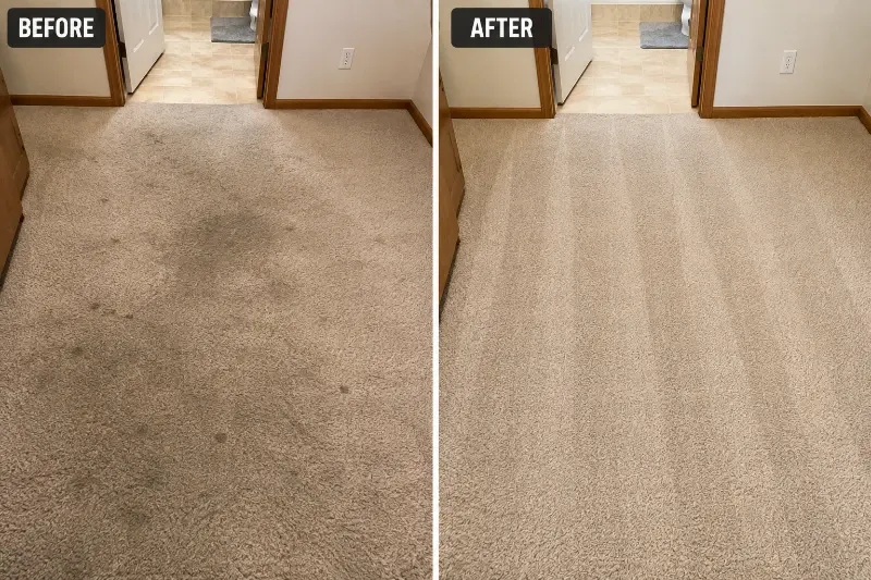 Before and after carpet cleaning example showing heavily soiled carpet and a cleaner finished appearance