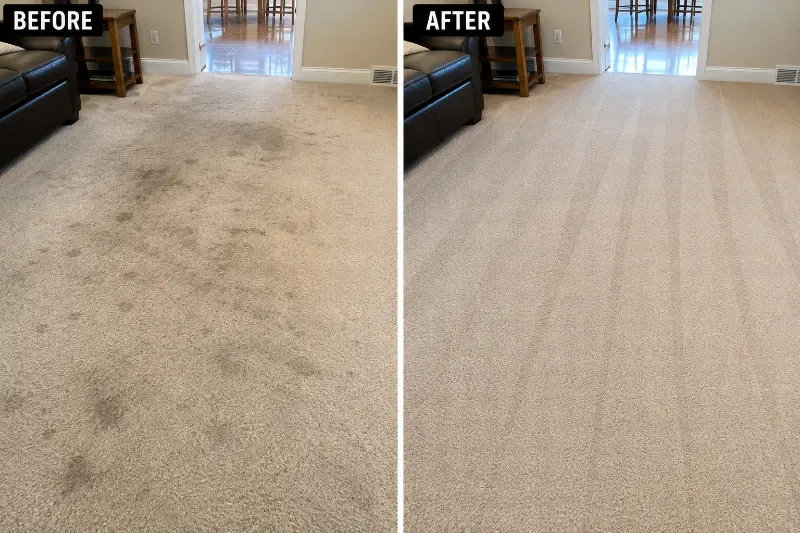 Before and after carpet cleaning example showing stains and soil compared with cleaner carpet